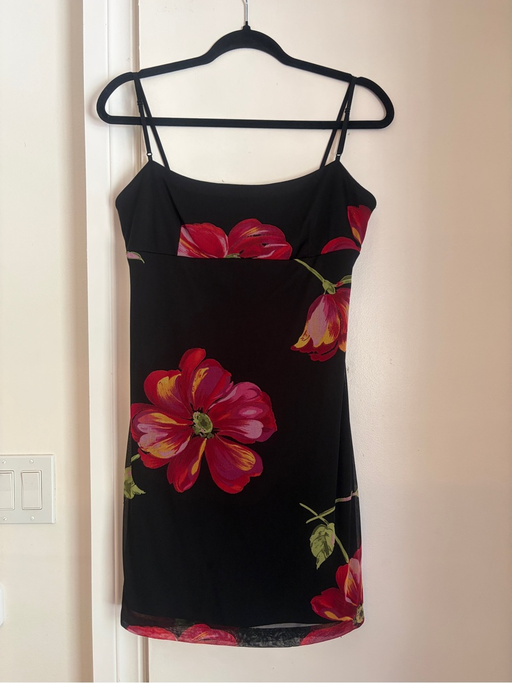 Y2K Black Floral mesh slip Dress with Red-Pink Blooms